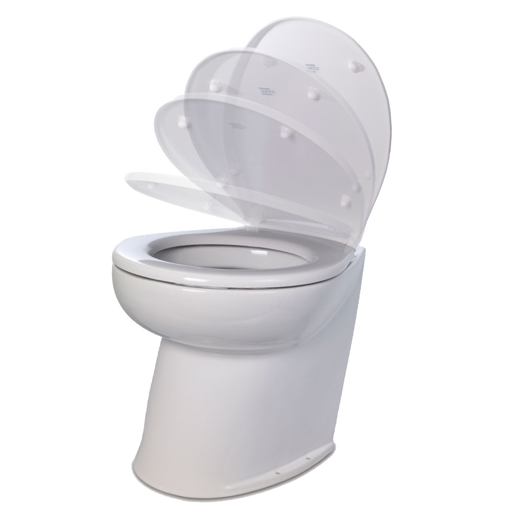Jabsco Deluxe Flush 14" Angled Back 12V Raw Water Electric Marine Toilet w/Remote Rinse Pump & Soft Close Lid 1 Jabsco Deluxe Flush 17" Angled Back 12V Freshwater Electric Marine Toilet w/Solenoid Valve & Soft Close Lid product image