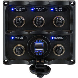 Sea-Dog Water Resistant Toggle Switch Panel w/USB Power Socket - 5 Toggle product image